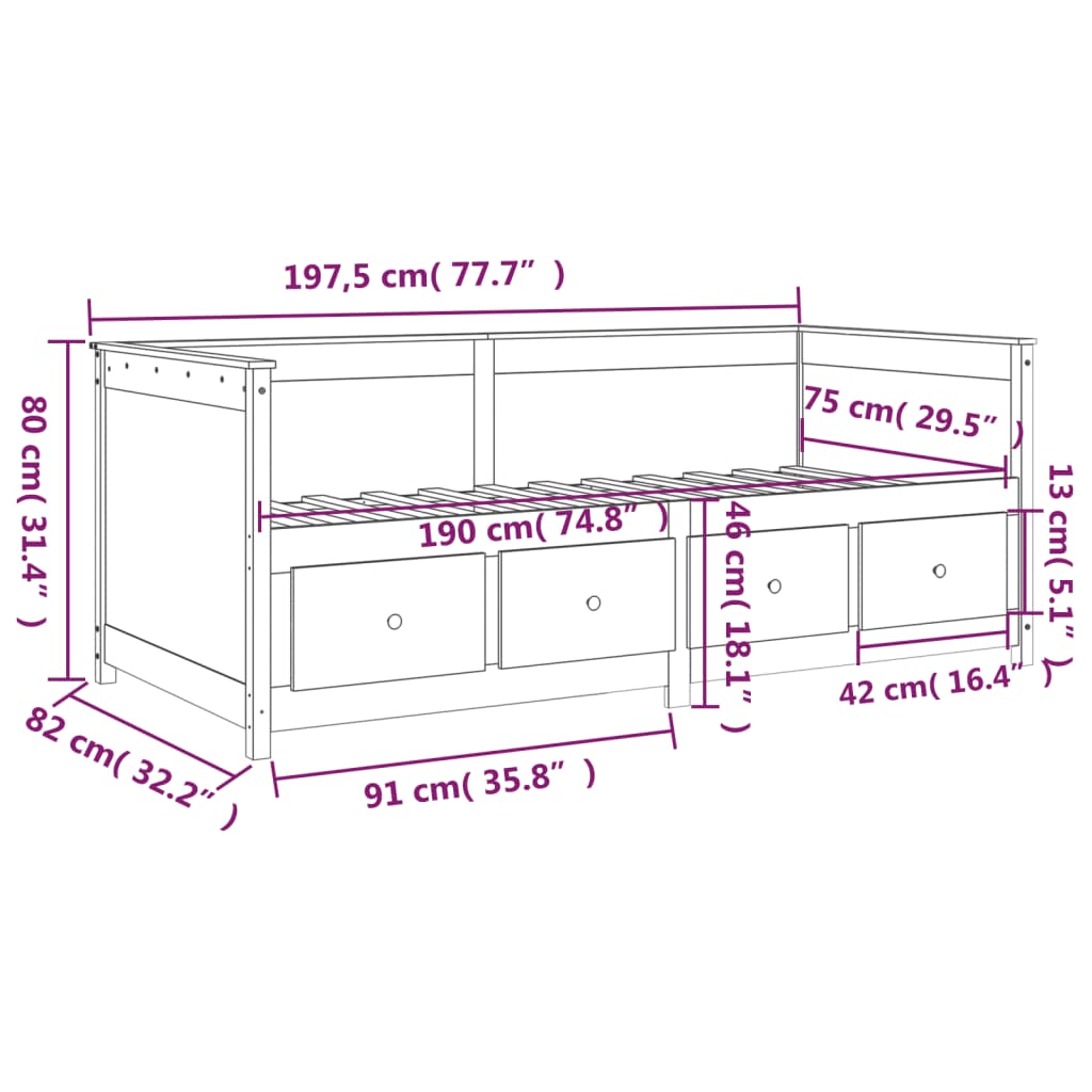 vidaXL Pat de zi, alb, 75x190 cm, lemn masiv de pin