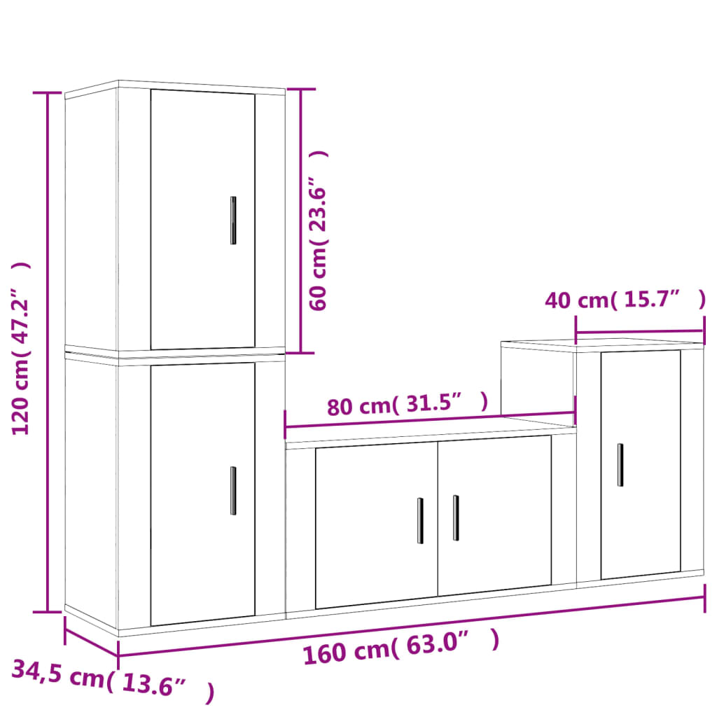 vidaXL Set dulap TV, 4 piese, gri beton, lemn prelucrat