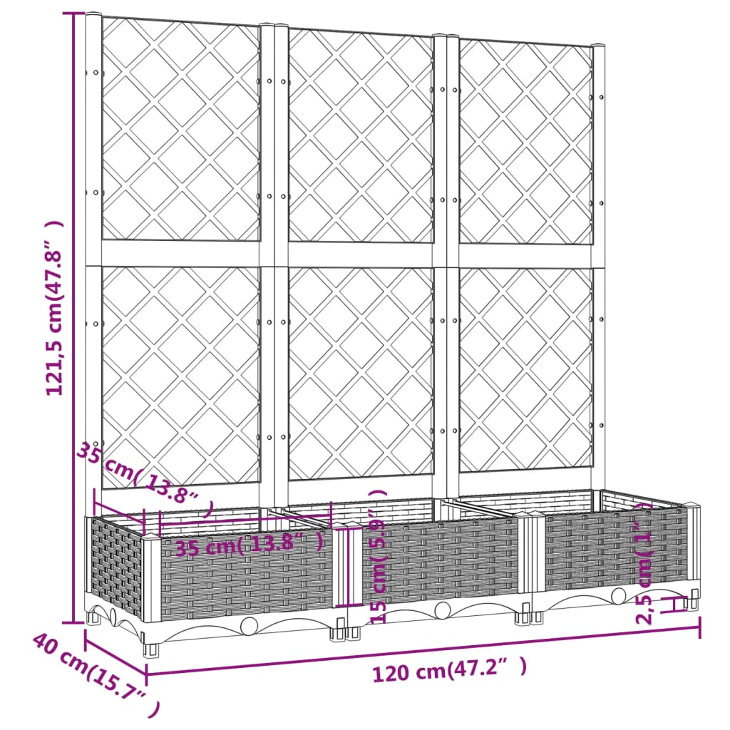 vidaXL Jardinieră de grădină cu spalier, alb, 120x40x121,5 cm, PP