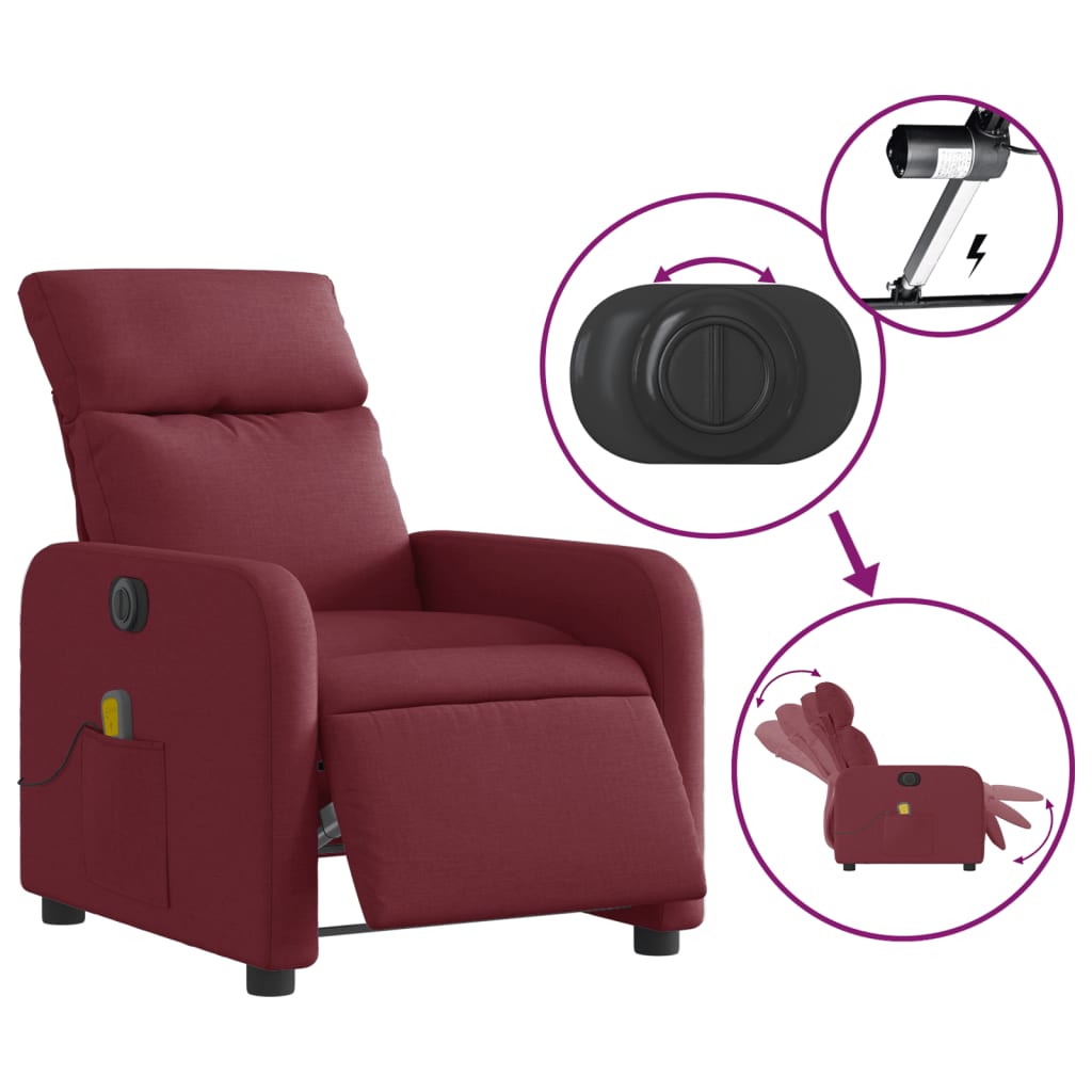 vidaXL Fotoliu electric de masaj rabatabil, roșu vin, textil