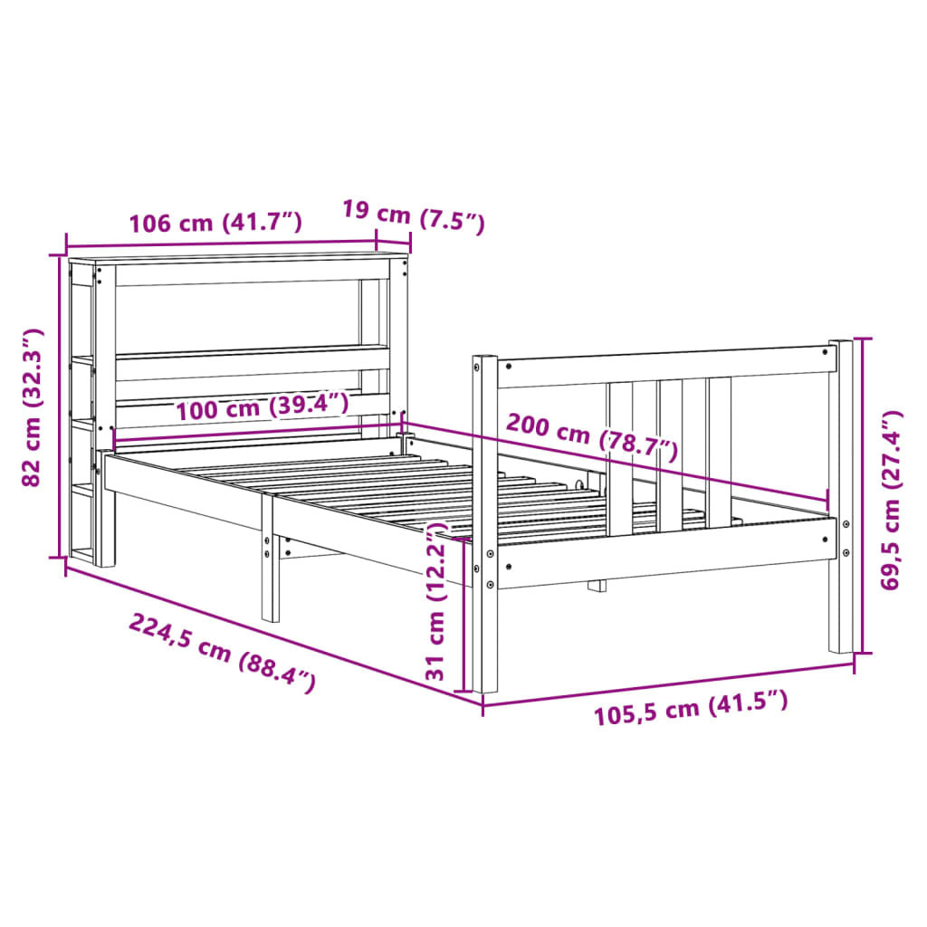 vidaXL Cadru de pat cu tăblie, alb, 100x200 cm, lemn masiv pin