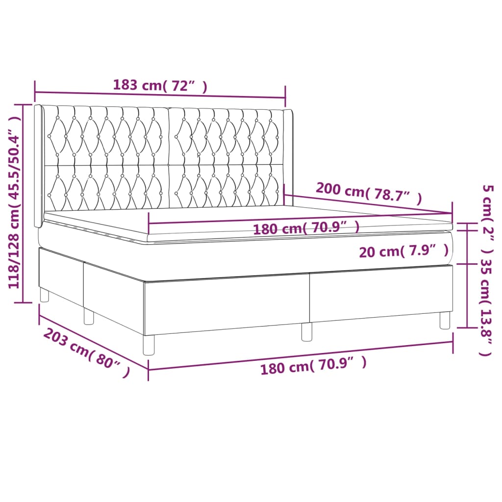 vidaXL Pat box spring cu saltea, gri deschis, 180x200 cm, catifea