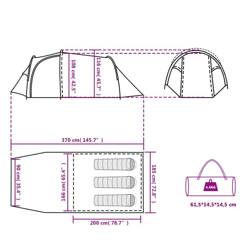 vidaXL Cort de camping tunel 3 persoane, portocaliu, impermeabil