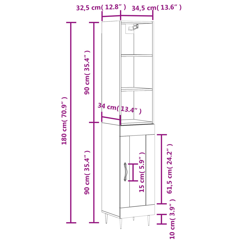 vidaXL Dulap înalt, gri beton, 34,5x34x180 cm, lemn prelucrat