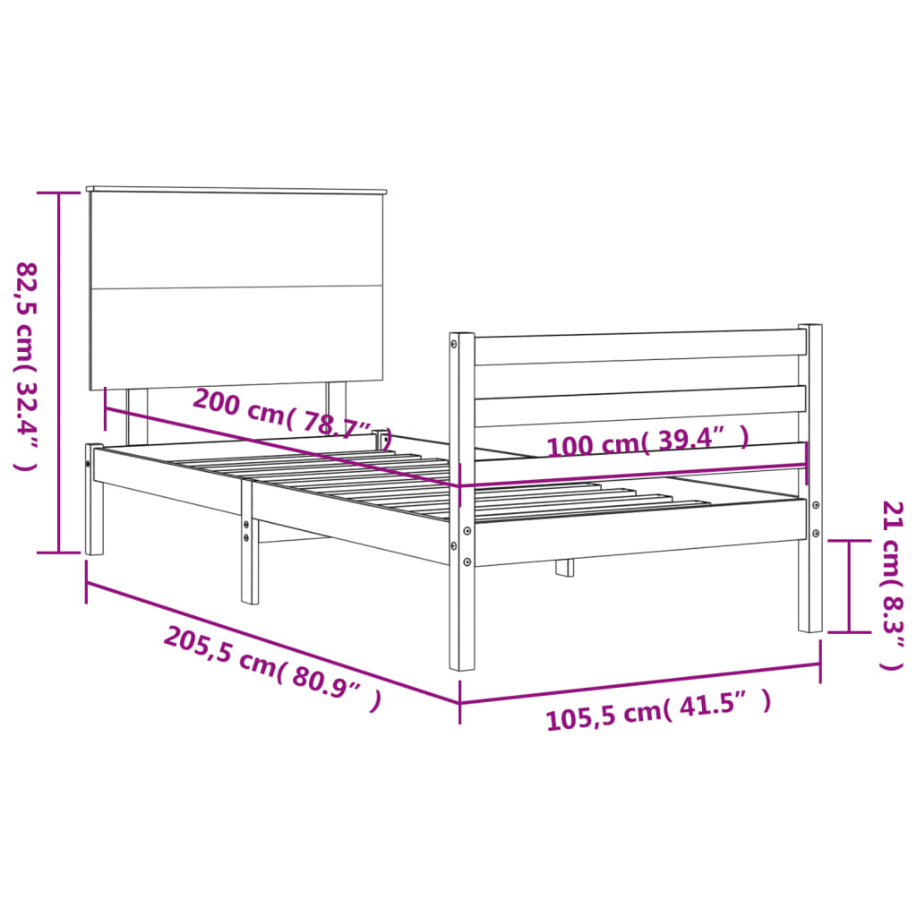 vidaXL Cadru de pat cu tăblie, alb, 100x200 cm, lemn masiv