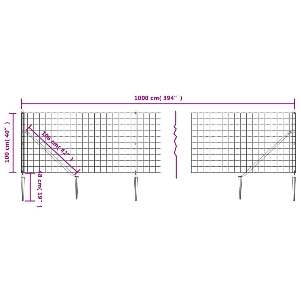 vidaXL Gard plasă de sârmă cu țăruși de fixare, antracit, 1x10 m