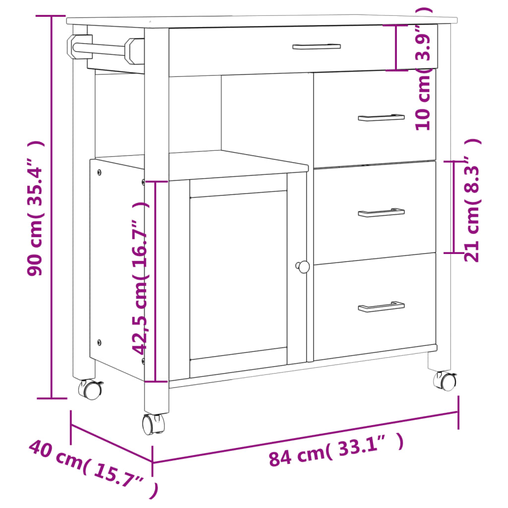 vidaXL Cărucior de bucătărie „MONZA”, 84x40x90 cm, lemn masiv de pin