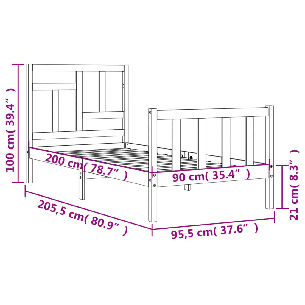 vidaXL Cadru de pat cu tăblie, alb, 90x200 cm, lemn masiv