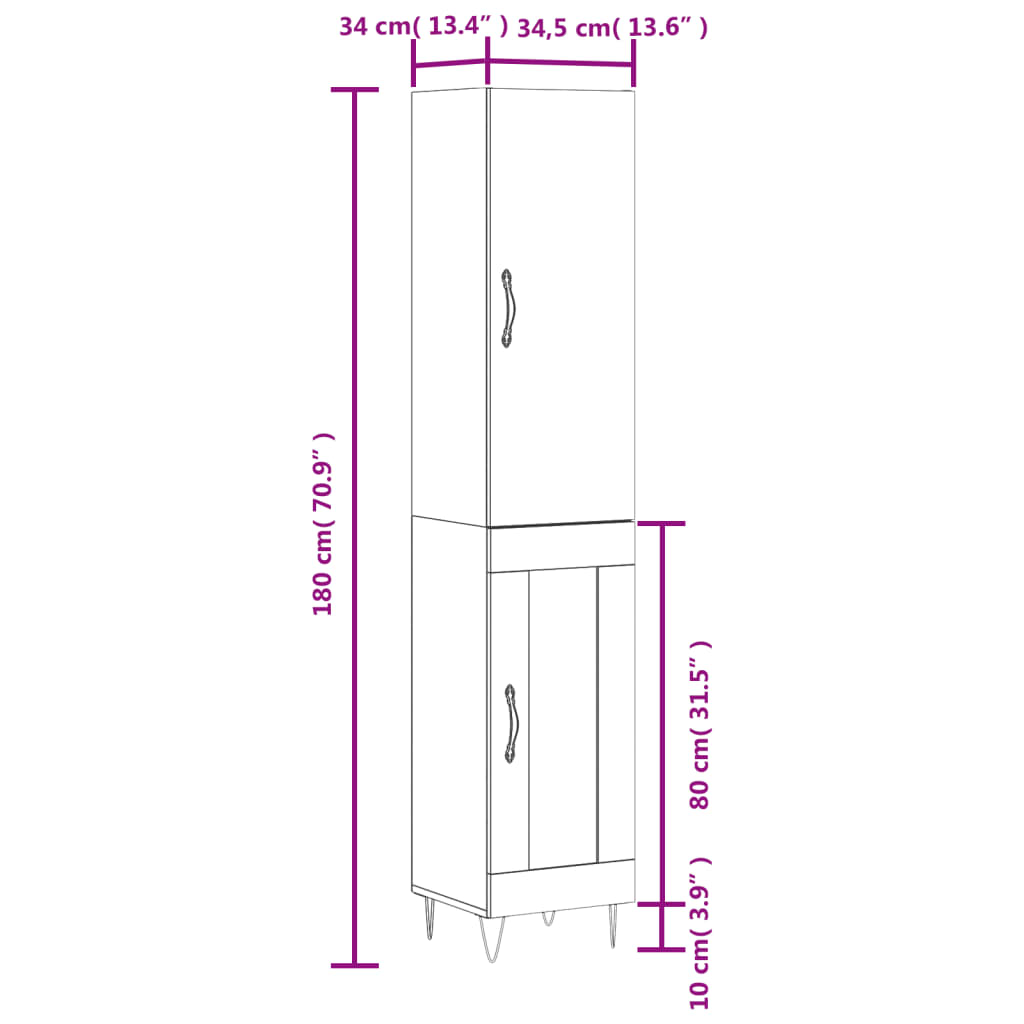 vidaXL Dulap înalt, stejar fumuriu, 34,5x34x180 cm, lemn prelucrat