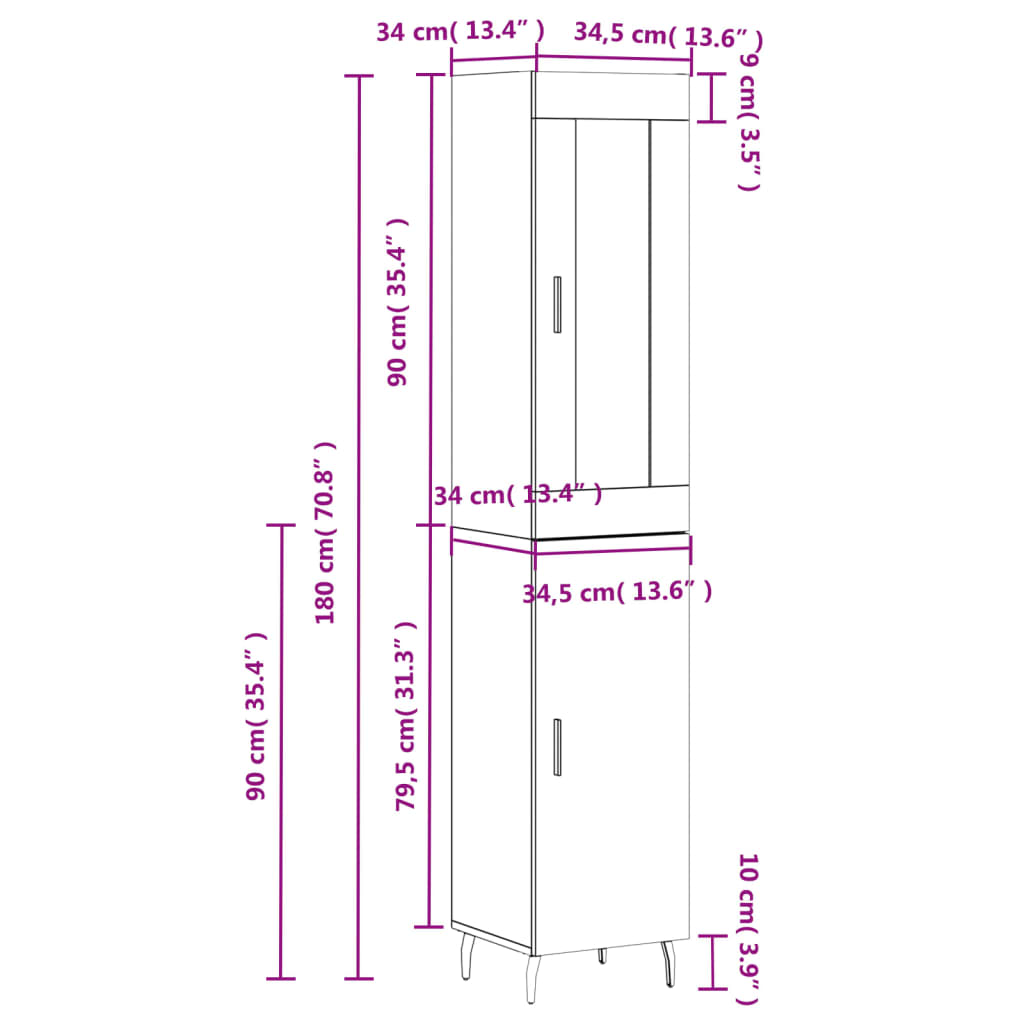 vidaXL Dulap înalt, gri sonoma, 34,5x34x180 cm, lemn prelucrat