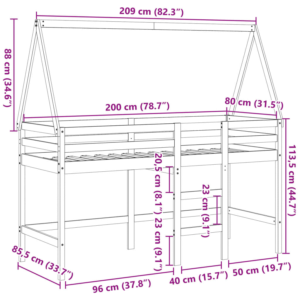 vidaXL Pat etajat cu scară și acoperiș, alb, 80x200 cm, lemn masiv pin