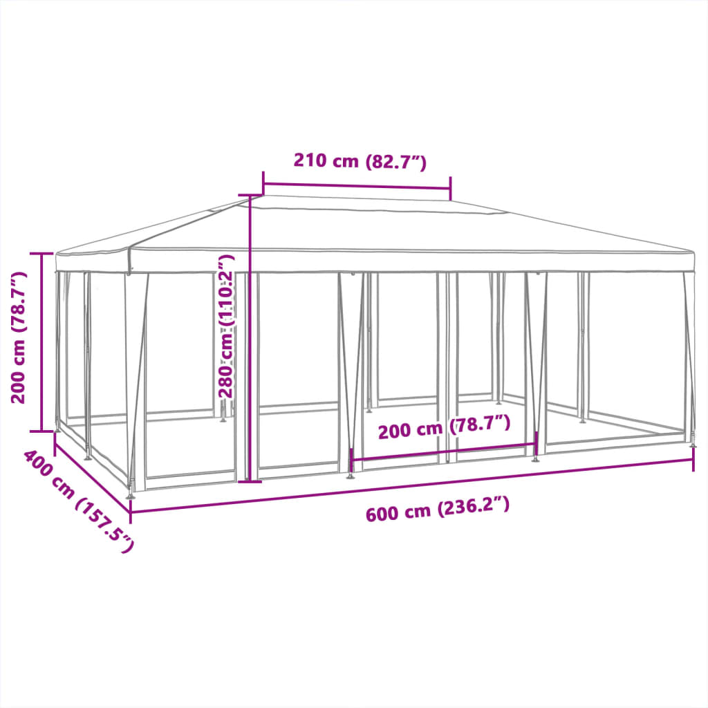 vidaXL Cort de petrecere cu 10 pereți din plasă, alb, 6x4 m, HDPE