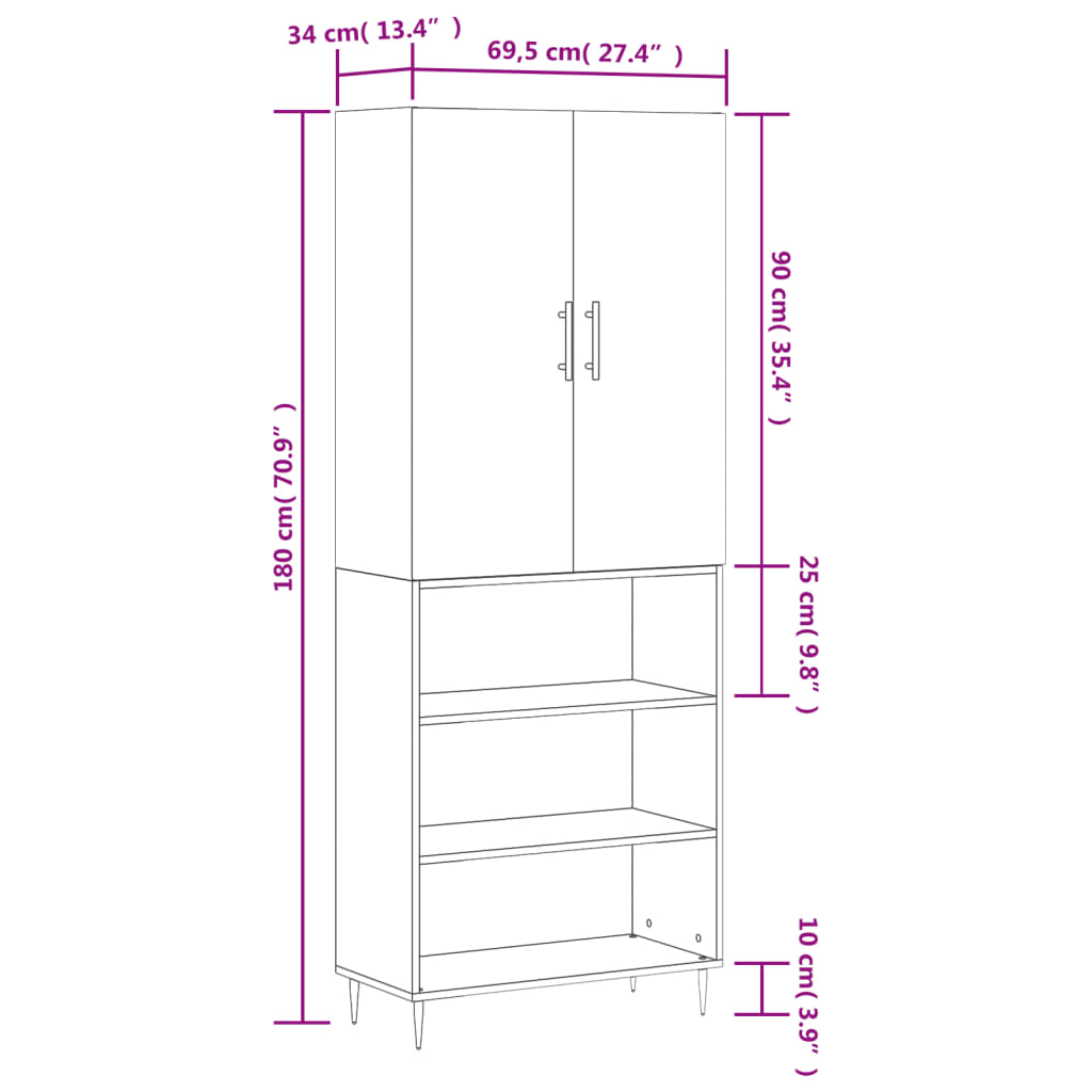 vidaXL Dulap înalt, alb, 69,5x34x180 cm, lemn compozit