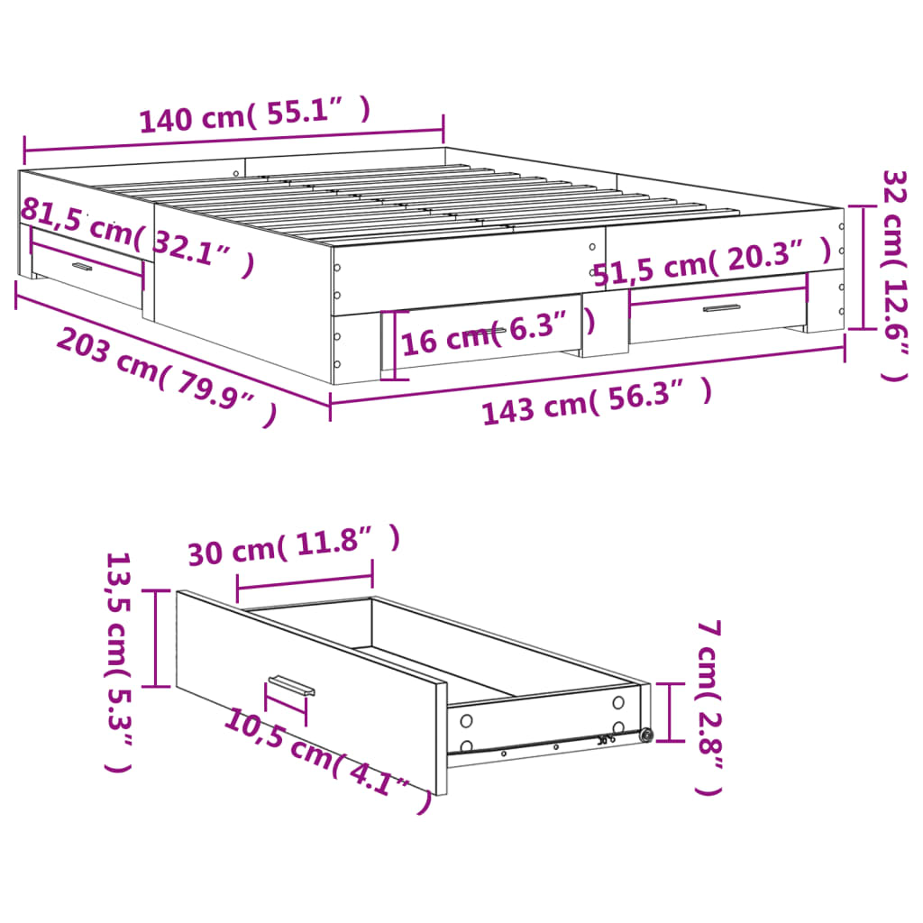 vidaXL Cadru de pat cu sertare stejar sonoma 140x200 cm lemn prelucrat