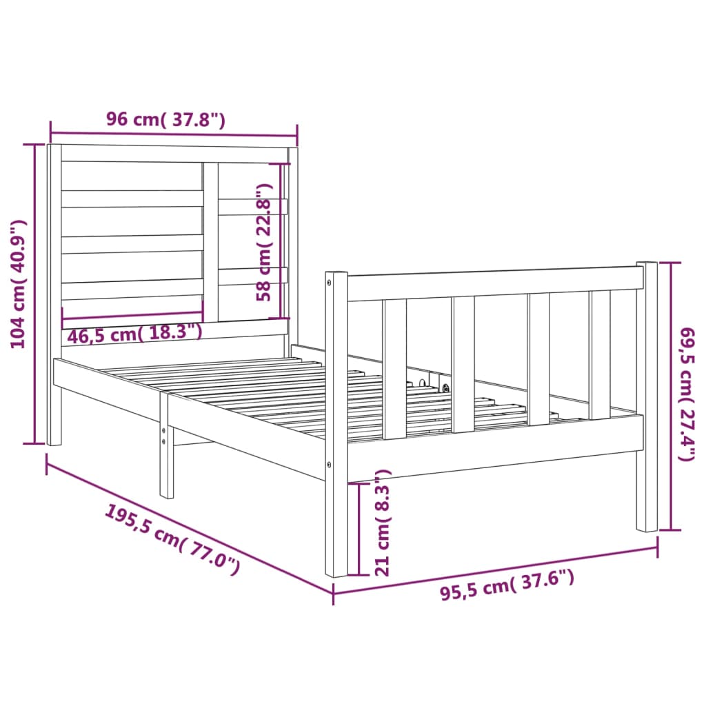 vidaXL Cadru de pat single, negru, 90x190 cm, lemn masiv