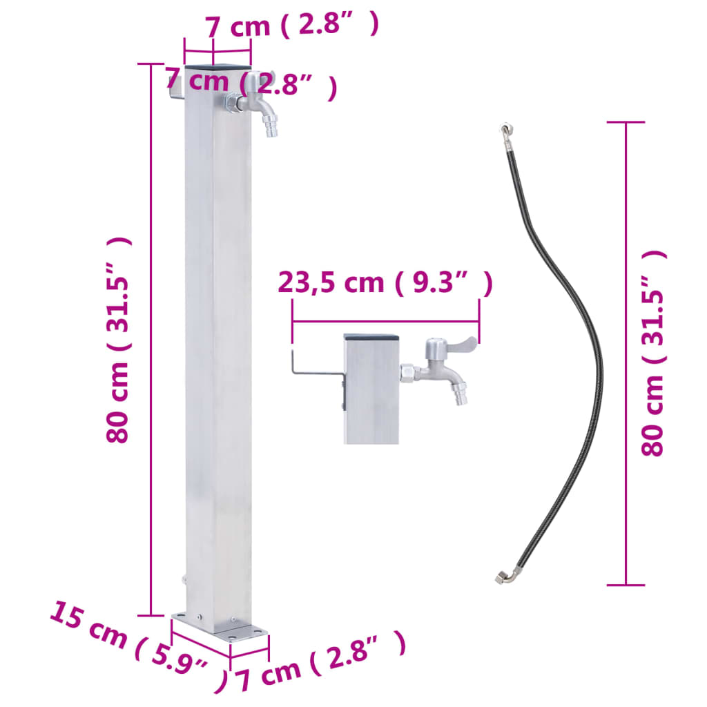 vidaXL Coloană de apă de grădină, 80 cm, oțel inoxidabil, pătrat