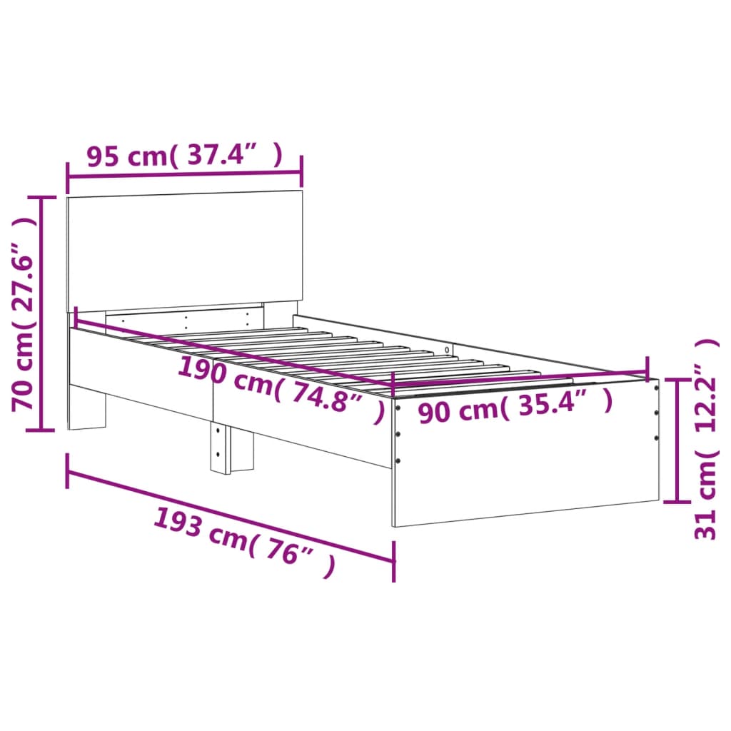 vidaXL Cadru de pat cu tăblie și lumini LED, gri sonoma, 90x190 cm