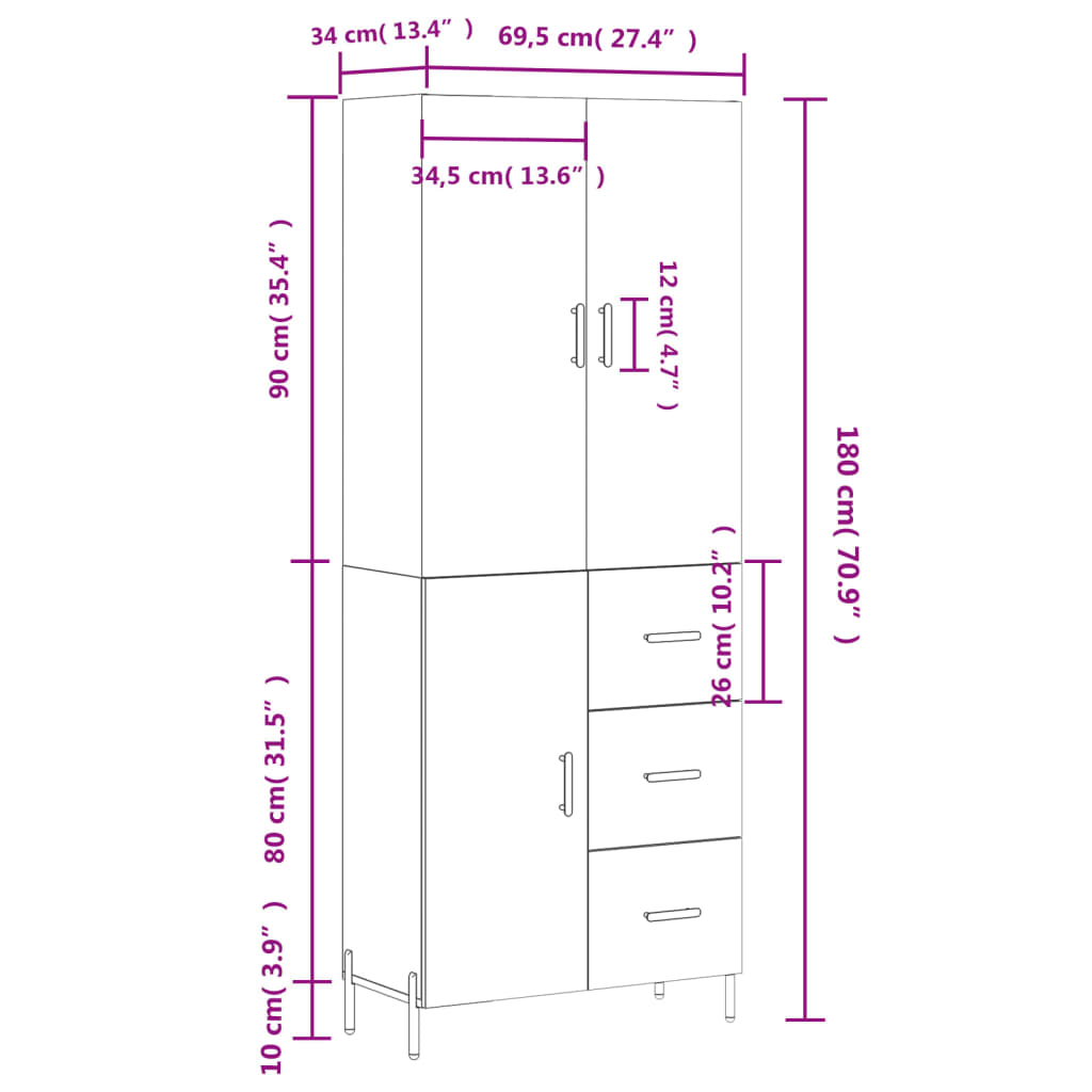 vidaXL Dulap înalt, alb, 69,5x34x180 cm, lemn compozit