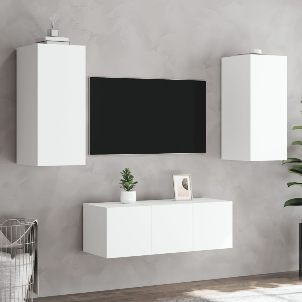 vidaXL Unități de perete TV cu LED-uri, 4 piese, alb, lemn prelucrat