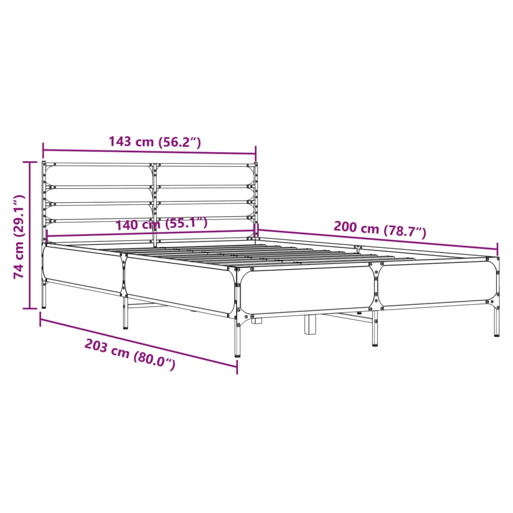 vidaXL Cadru de pat, stejar fumuriu 140x200 cm lemn prelucrat și metal