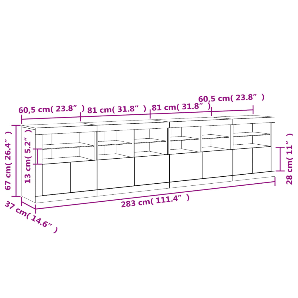 vidaXL Dulap cu lumini LED, alb, 283x37x67 cm