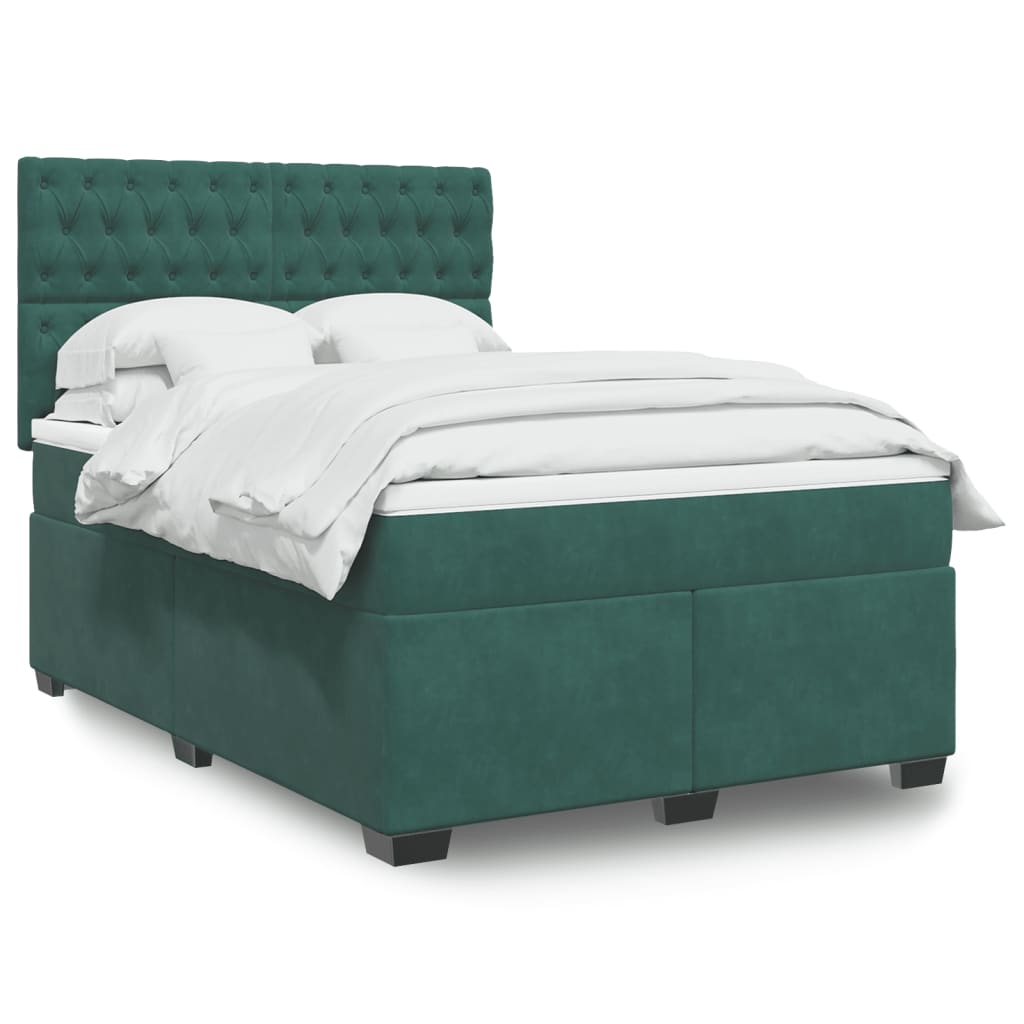 vidaXL Pat box spring cu saltea, verde închis, 140x190 cm, catifea