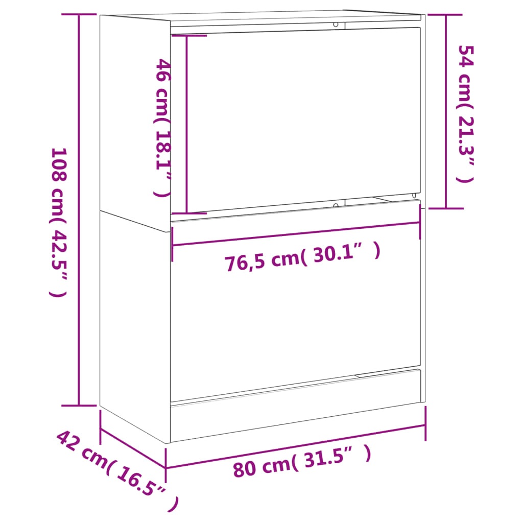 vidaXL Dulap de pantofi cu 2 sertare rabatabile, alb, 80x42x108 cm