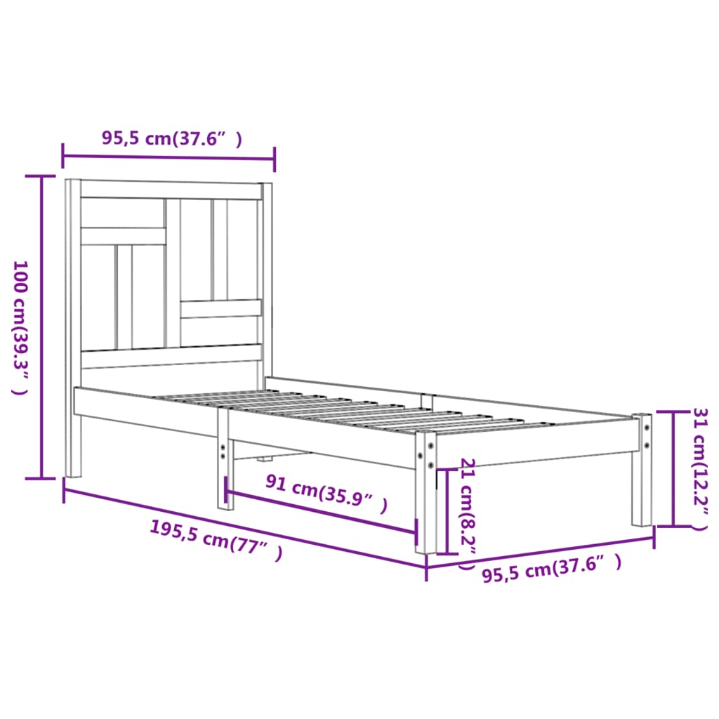 vidaXL Cadru de pat single, negru, 90x190 cm, lemn masiv de pin