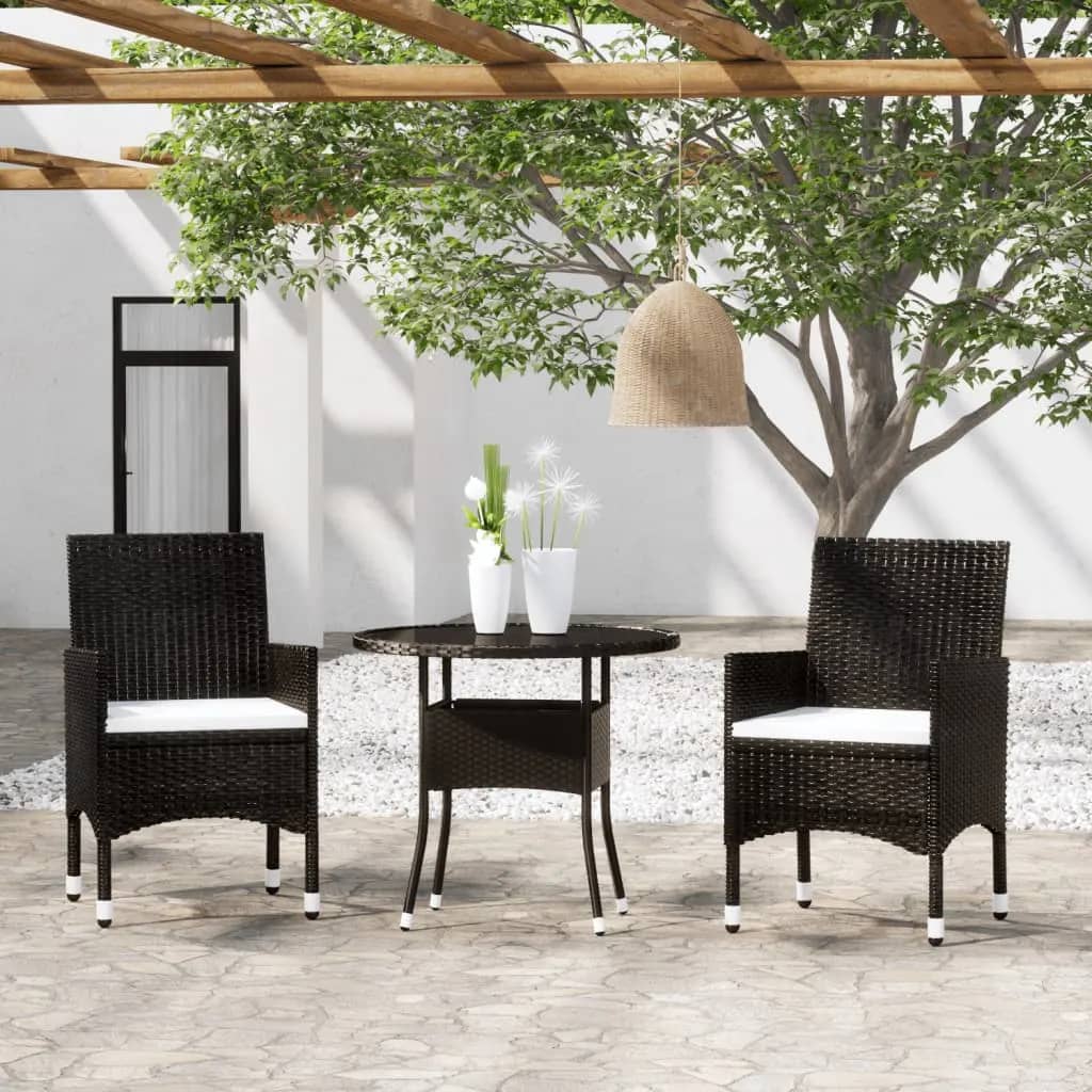 vidaXL Set mobilier bistro grădină 3 piese, negru, poliratan și sticlă