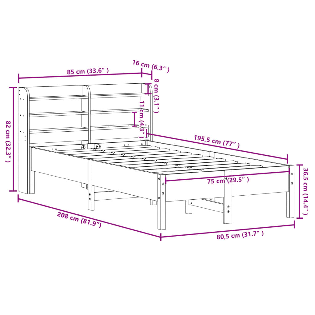 vidaXL Cadru de pat fără saltea, alb, 75x190 cm, lemn masiv de pin