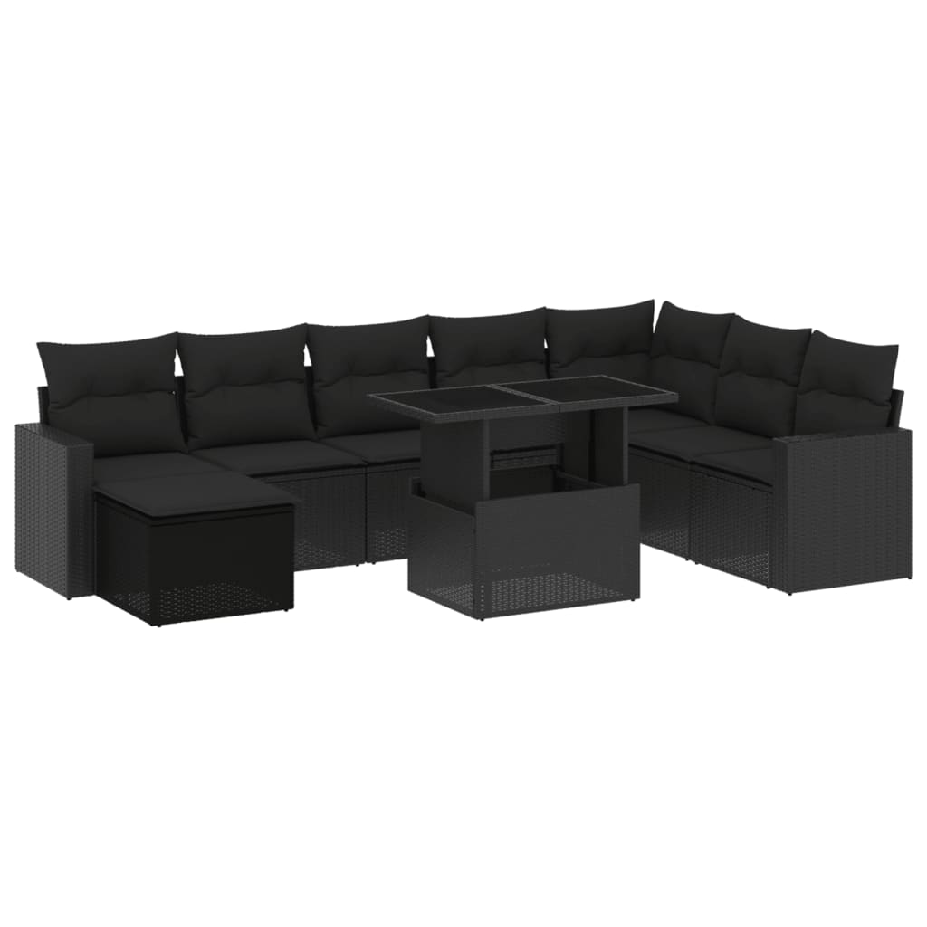 vidaXL Set mobilier de grădină cu perne, 9 piese, negru, poliratan