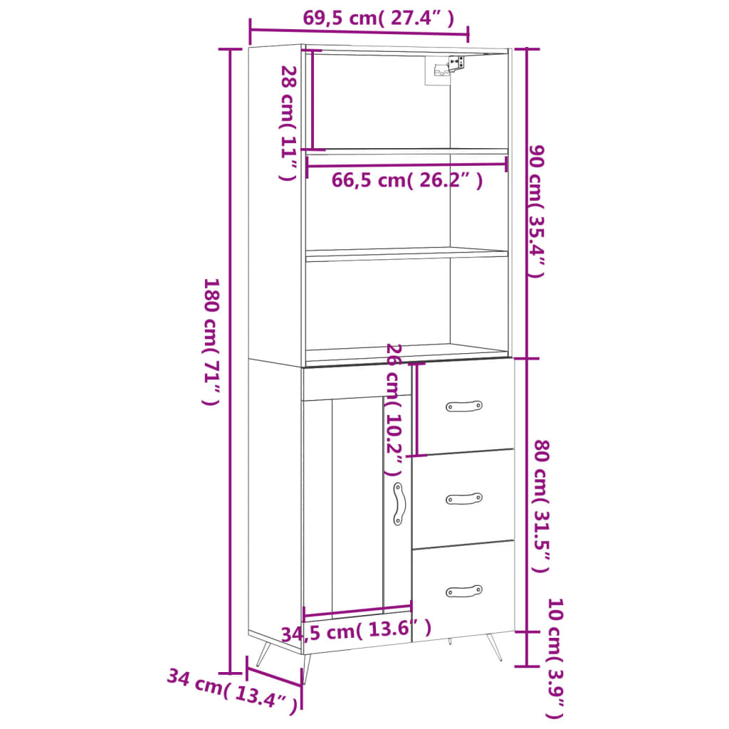 vidaXL Dulap înalt, alb, 69,5x34x180 cm, lemn compozit