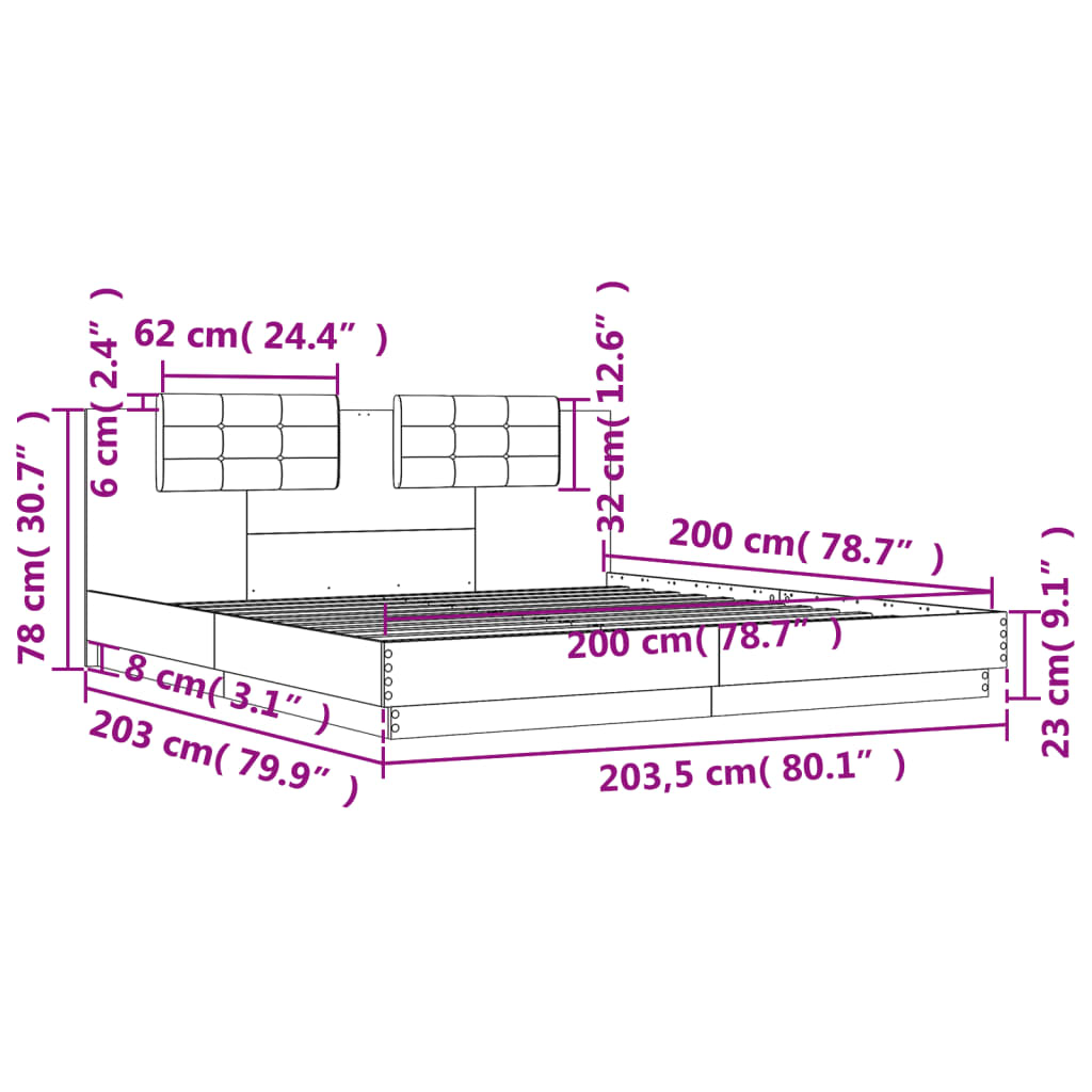 vidaXL Cadru de pat cu tăblie și lumini LED, stejar sonoma, 200x200 cm