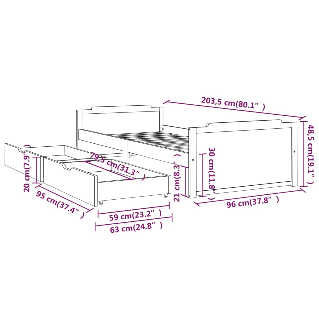 vidaXL Cadru de pat cu sertare, maro miere, 90x200 cm lemn masiv pin