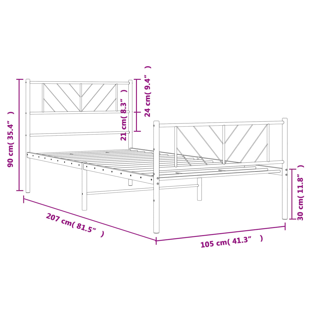 vidaXL Cadru de pat metalic cu tăblie de cap/picioare, alb, 100x200 cm