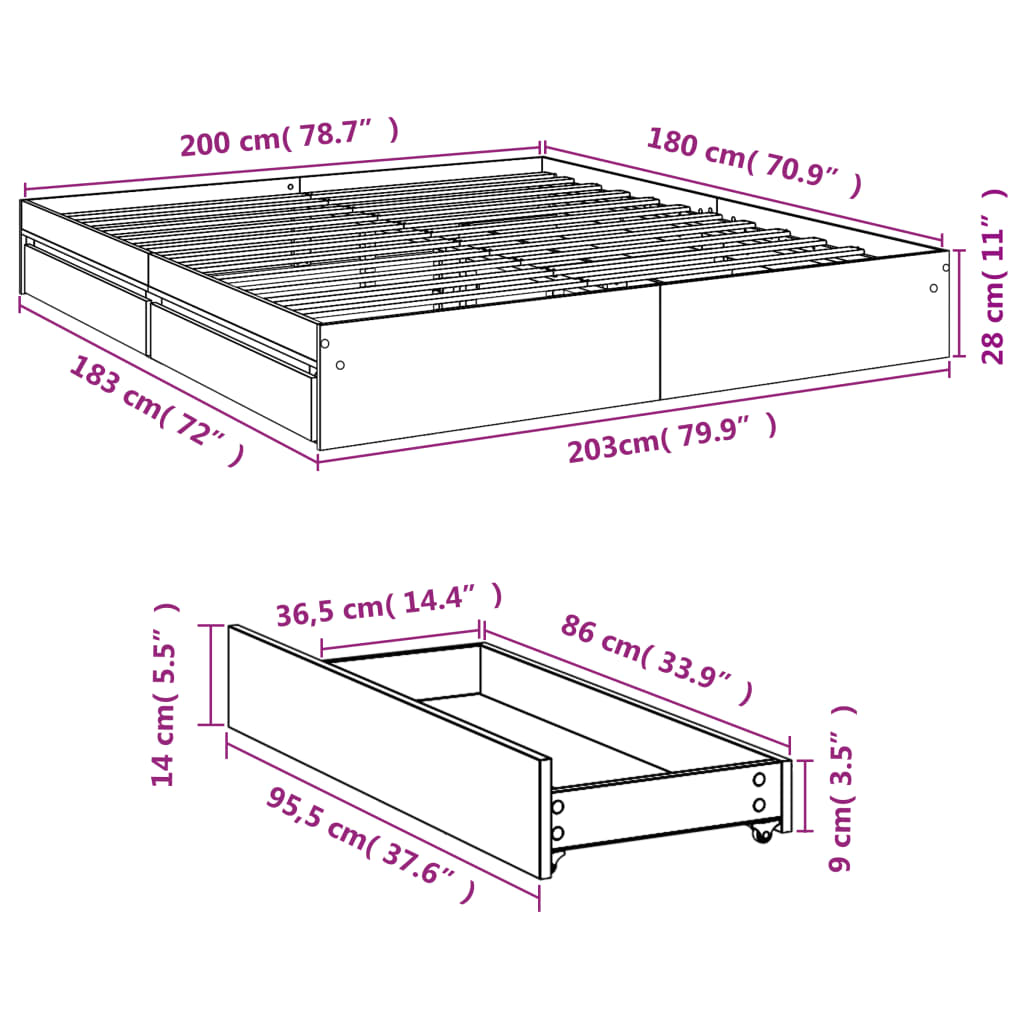 vidaXL Cadru de pat cu sertare stejar sonoma 180x200 cm lemn prelucrat