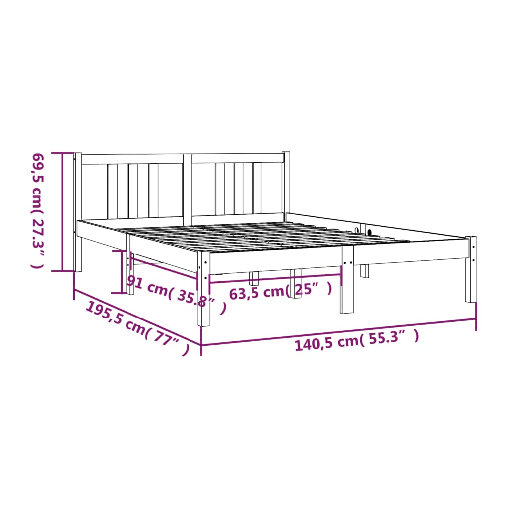 vidaXL Cadru de pat dublu, negru, 135x190 cm, lemn masiv