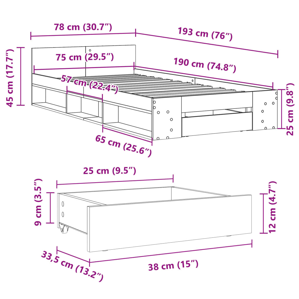 vidaXL Cadru de pat cu sertar, negru, 75x190 cm, lemn prelucrat