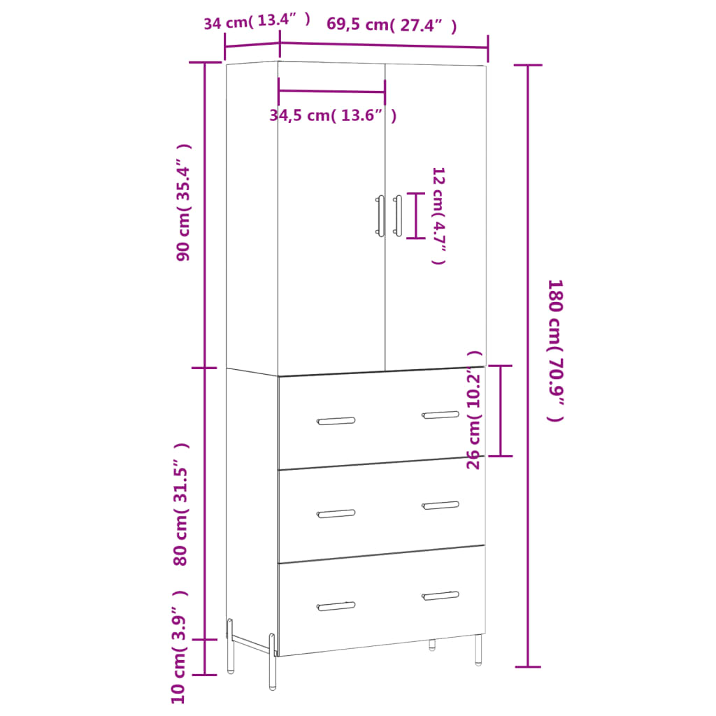 vidaXL Dulap înalt, alb extralucios, 69,5x34x180 cm, lemn compozit