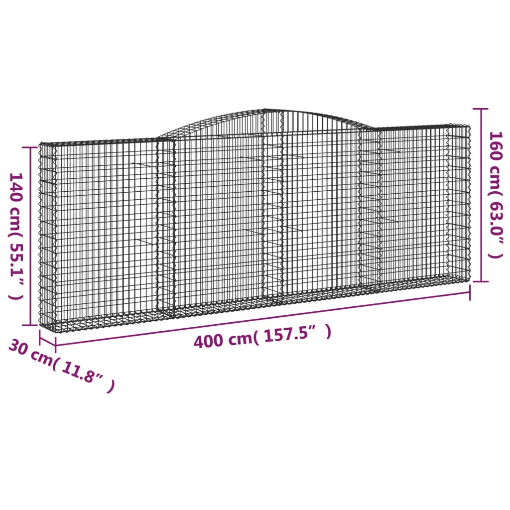 vidaXL Coșuri gabion arcuite 7 buc, 400x30x140/160 cm, fier galvanizat