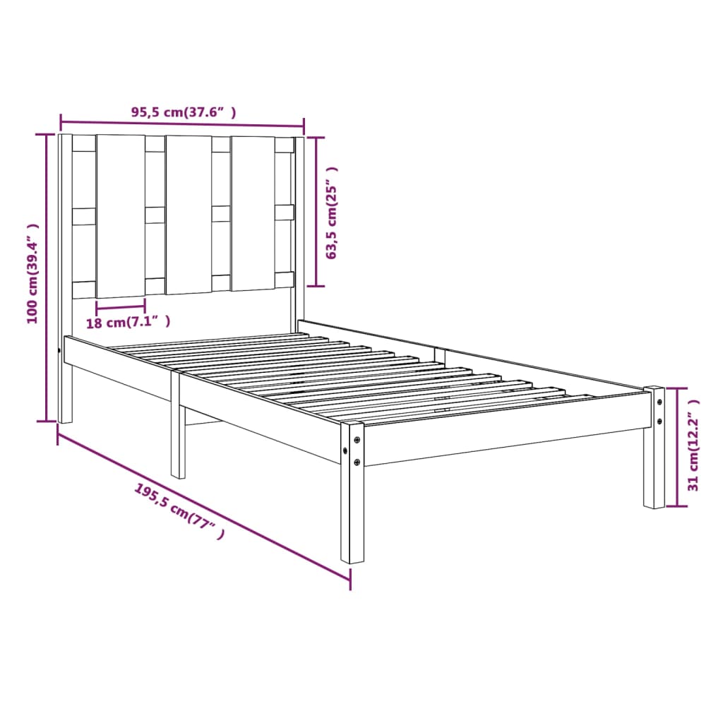 vidaXL Cadru de pat single, 90x190 cm, lemn masiv