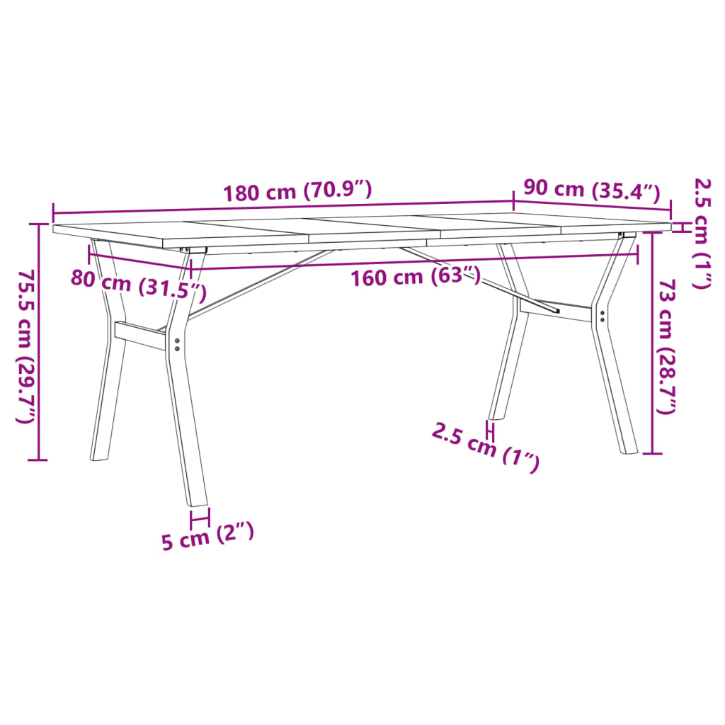 vidaXL Masă bucătărie, cadru Y, 180x90x75,5 cm lemn masiv pin și fontă