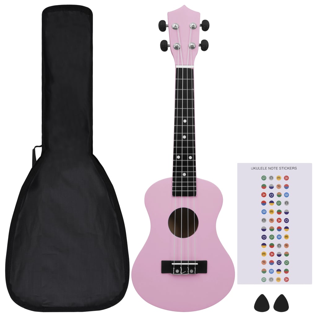 vidaXL Set ukulele Soprano pentru copii, cu husă, roz, 23"