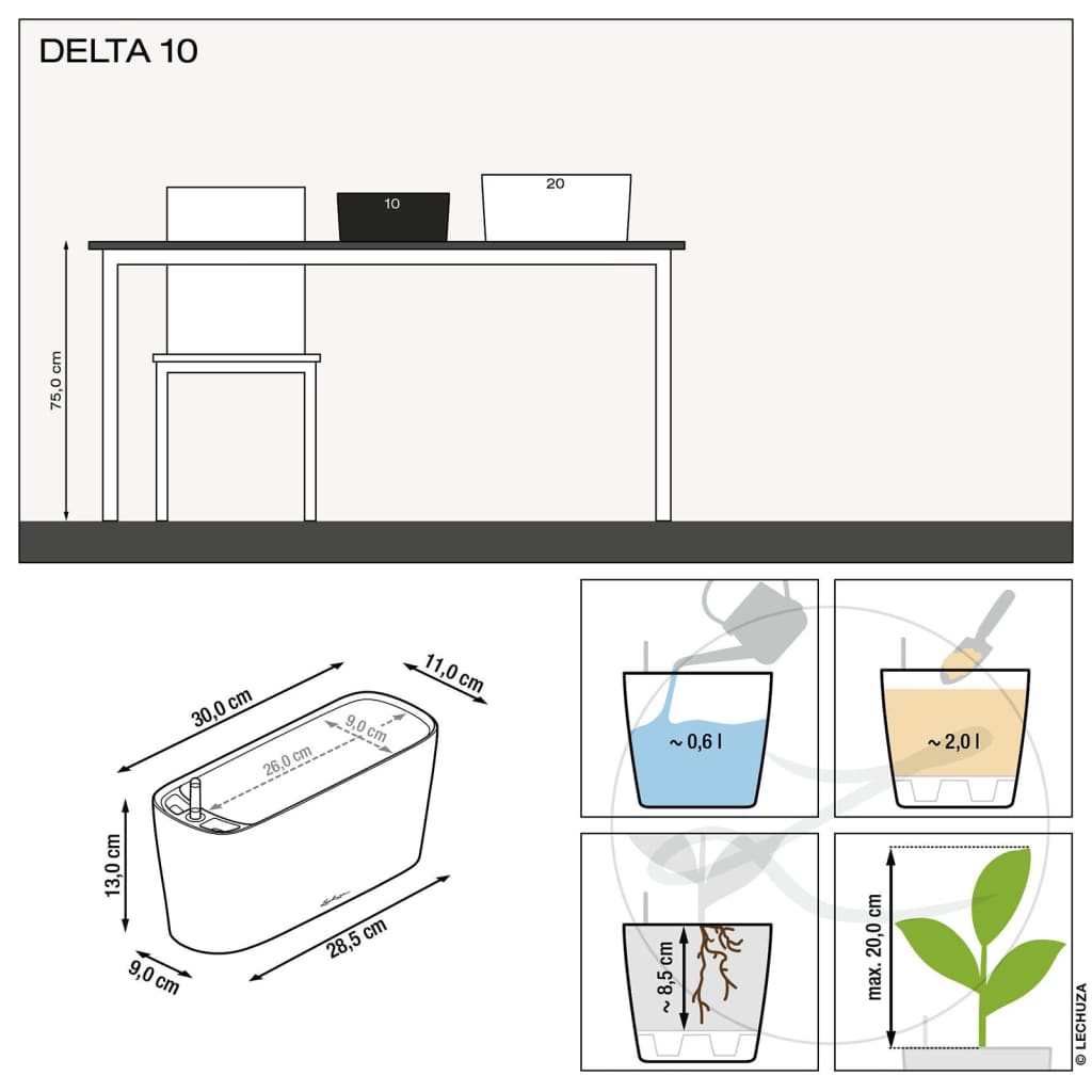 LECHUZA Jardinieră „DELTA 10 ALL-IN-ONE”, alb extralucios