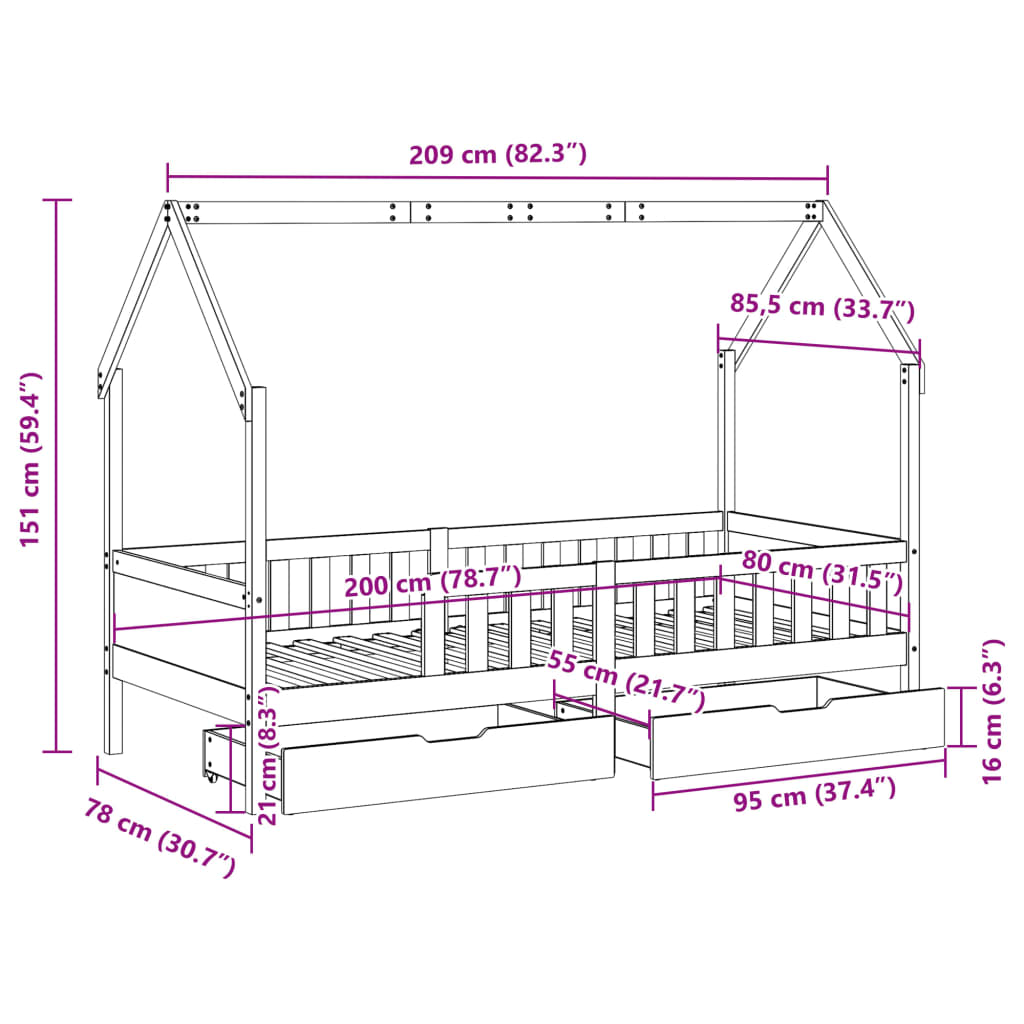 vidaXL Cadru pat copii cu sertare, 80x200 cm, lemn masiv de pin