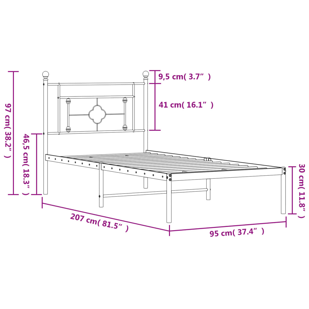 vidaXL Cadru pat metalic cu tăblie, negru, 90x200 cm