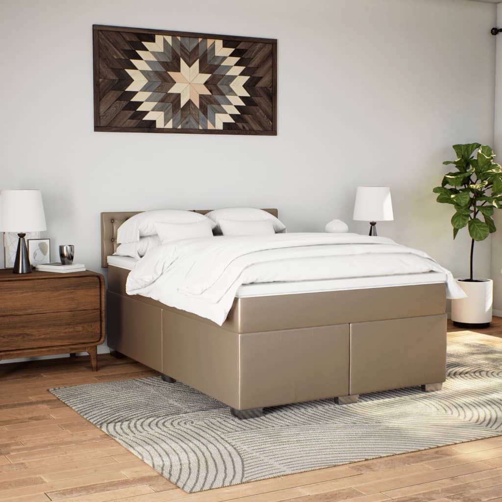 vidaXL Pat box spring cu saltea, cappuccino, 140x200cm piele ecologică