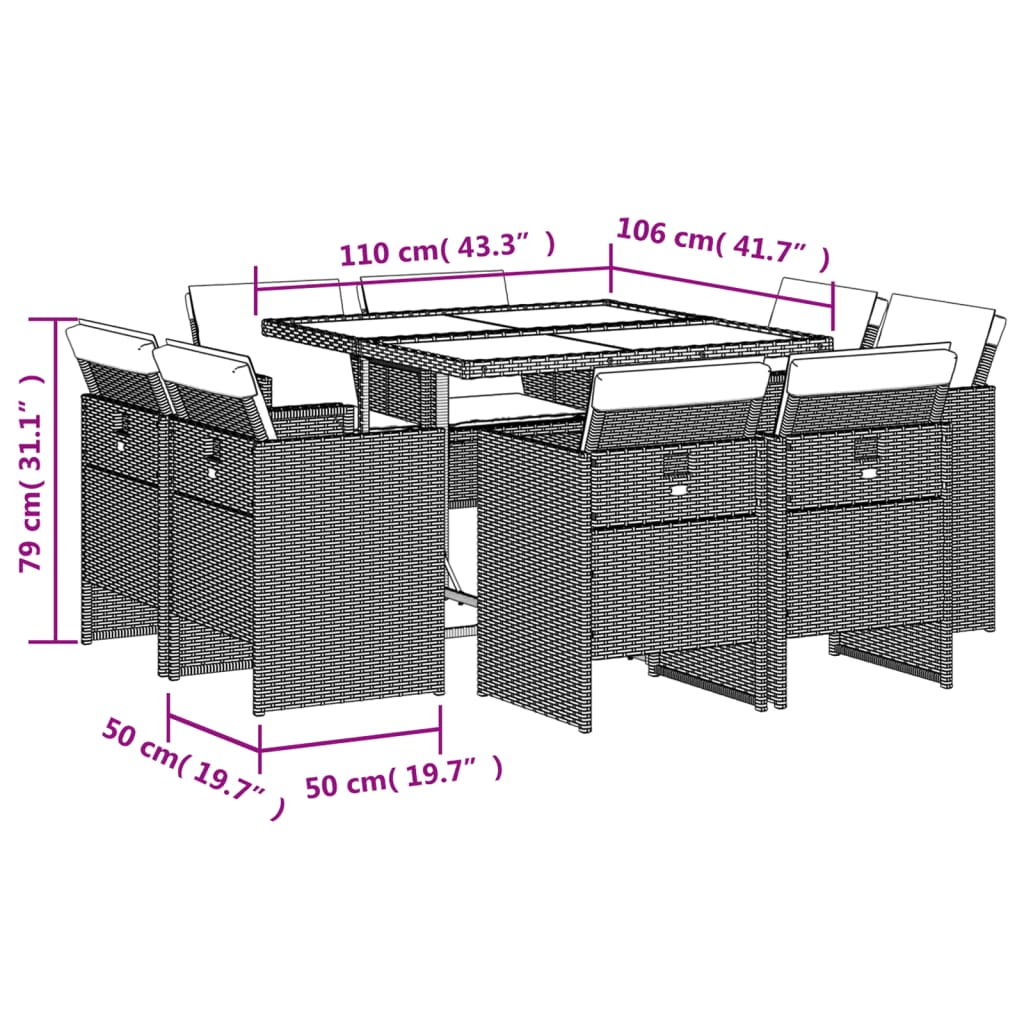 vidaXL Set mobilier de grădină cu perne, 9 piese, negru, poliratan