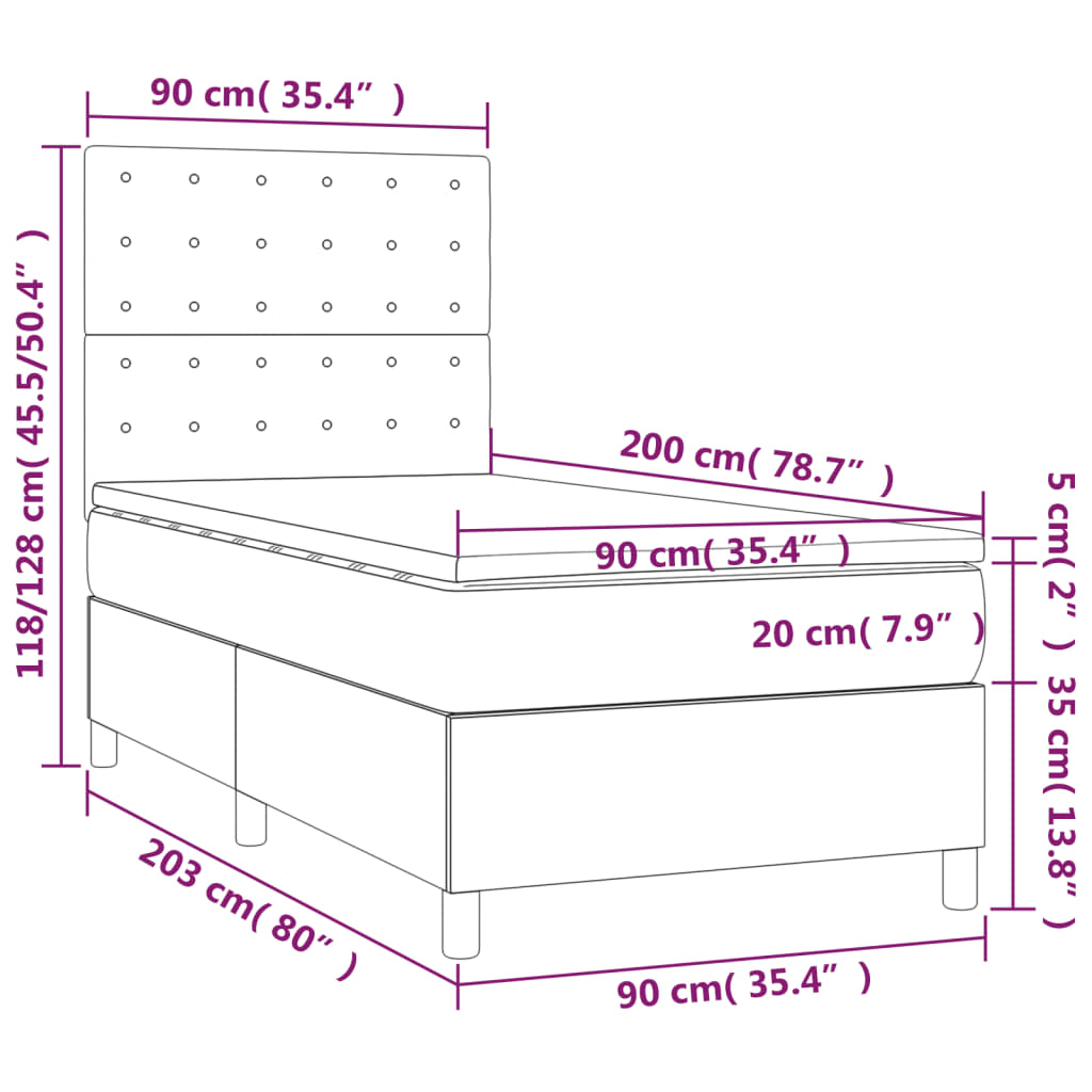 vidaXL Pat cu arcuri, saltea și LED, gri închis, 90x200 cm, catifea