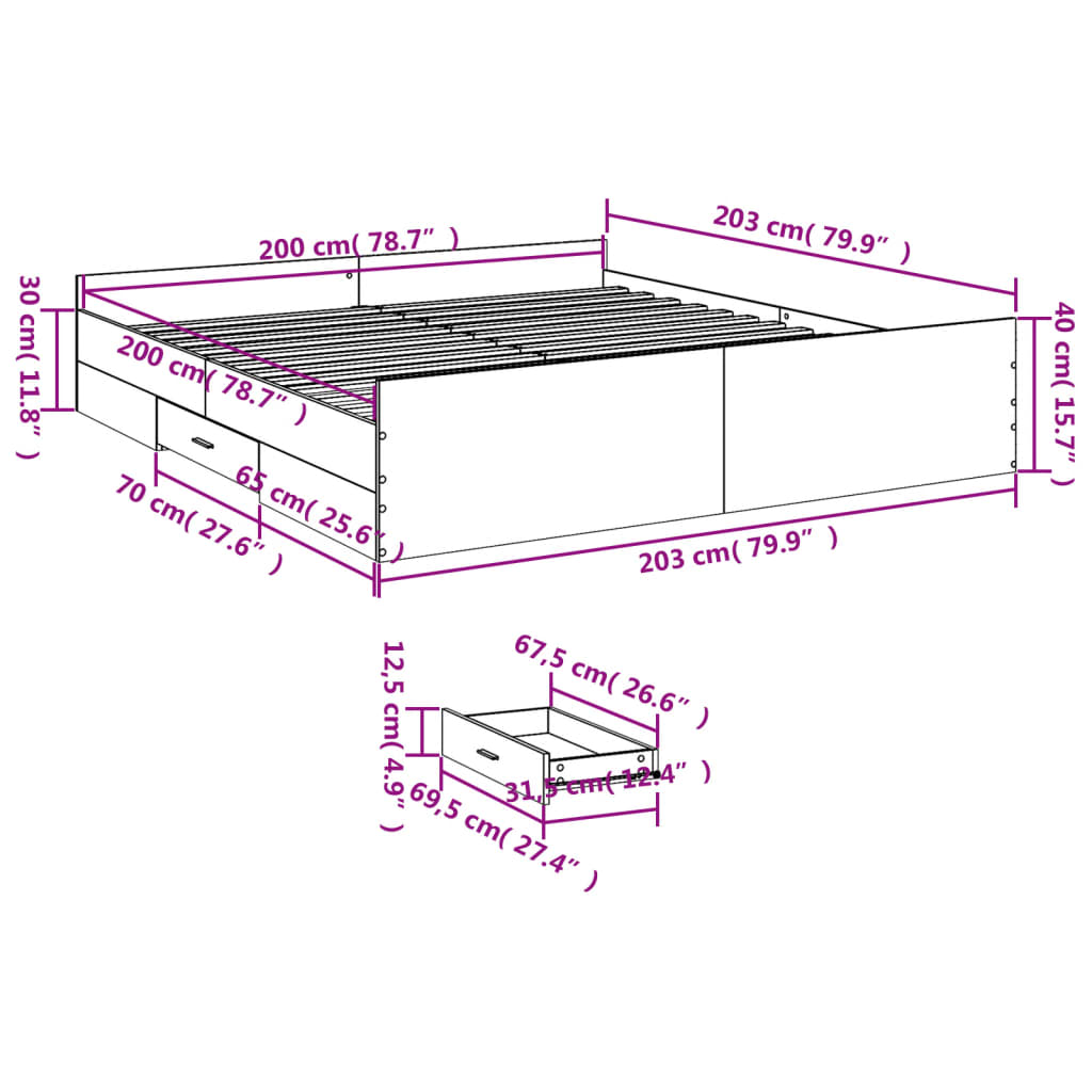 vidaXL Cadru de pat cu sertare gri beton 200x200 cm lemn prelucrat